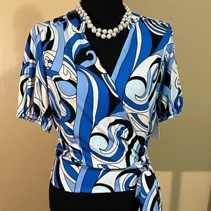 Classy blue and black wrap blouse size small